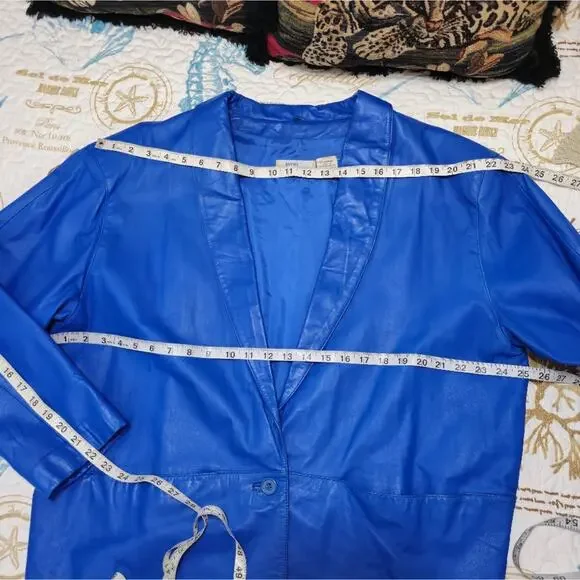 80s Retro Blue Leather Blazer Jacket Vintage Size L - Picture 10 of 16